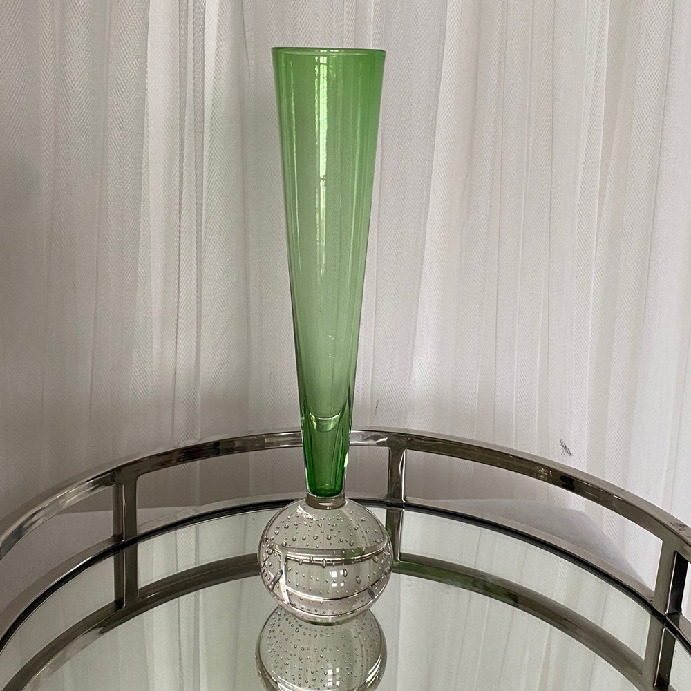 MCM Green/Clear Art Glass Vase 10”Bullicante Controlled Bubbles